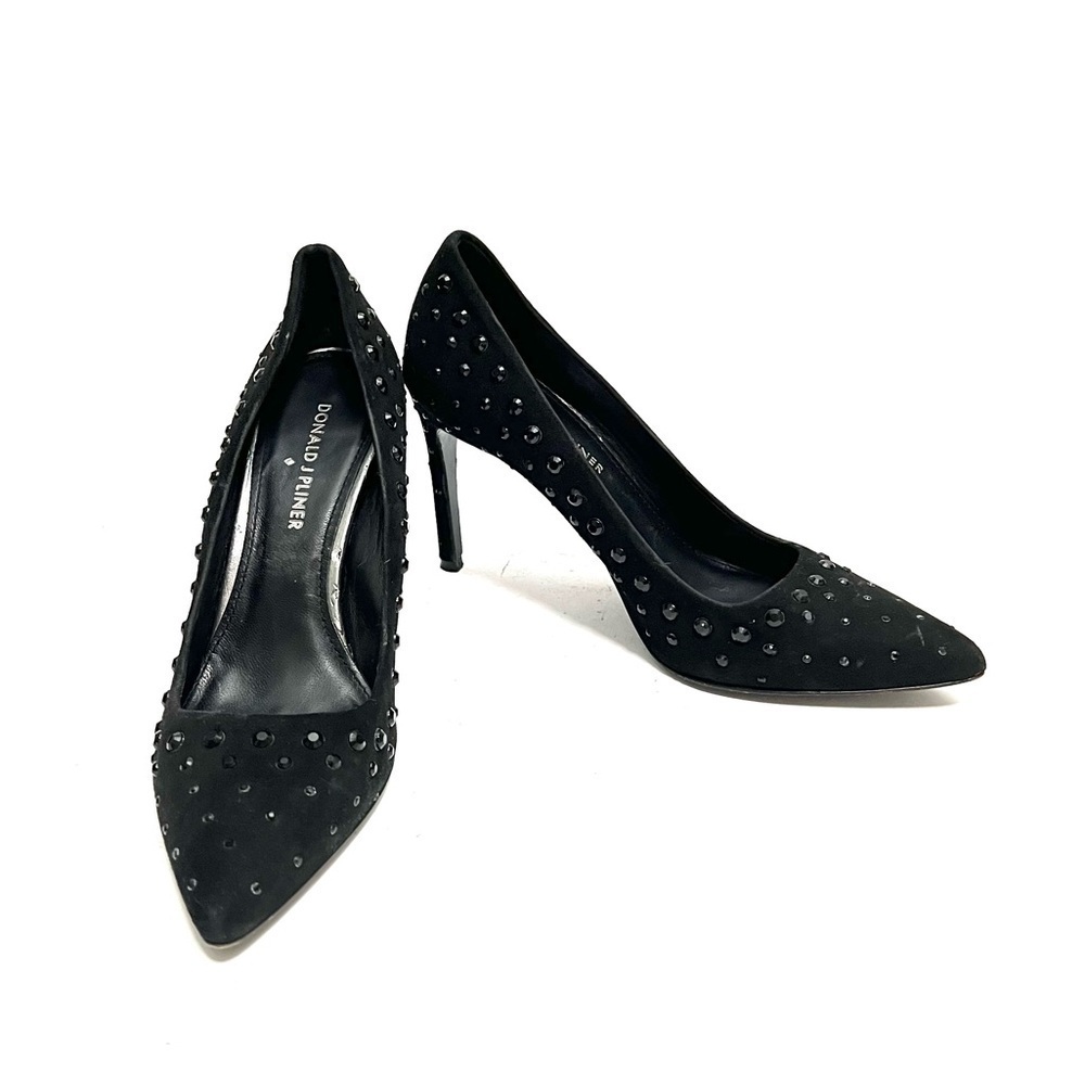 Vintage Y2K black suede faceted rhinestone pointed toe stiletto heels - Picture 4 of 8